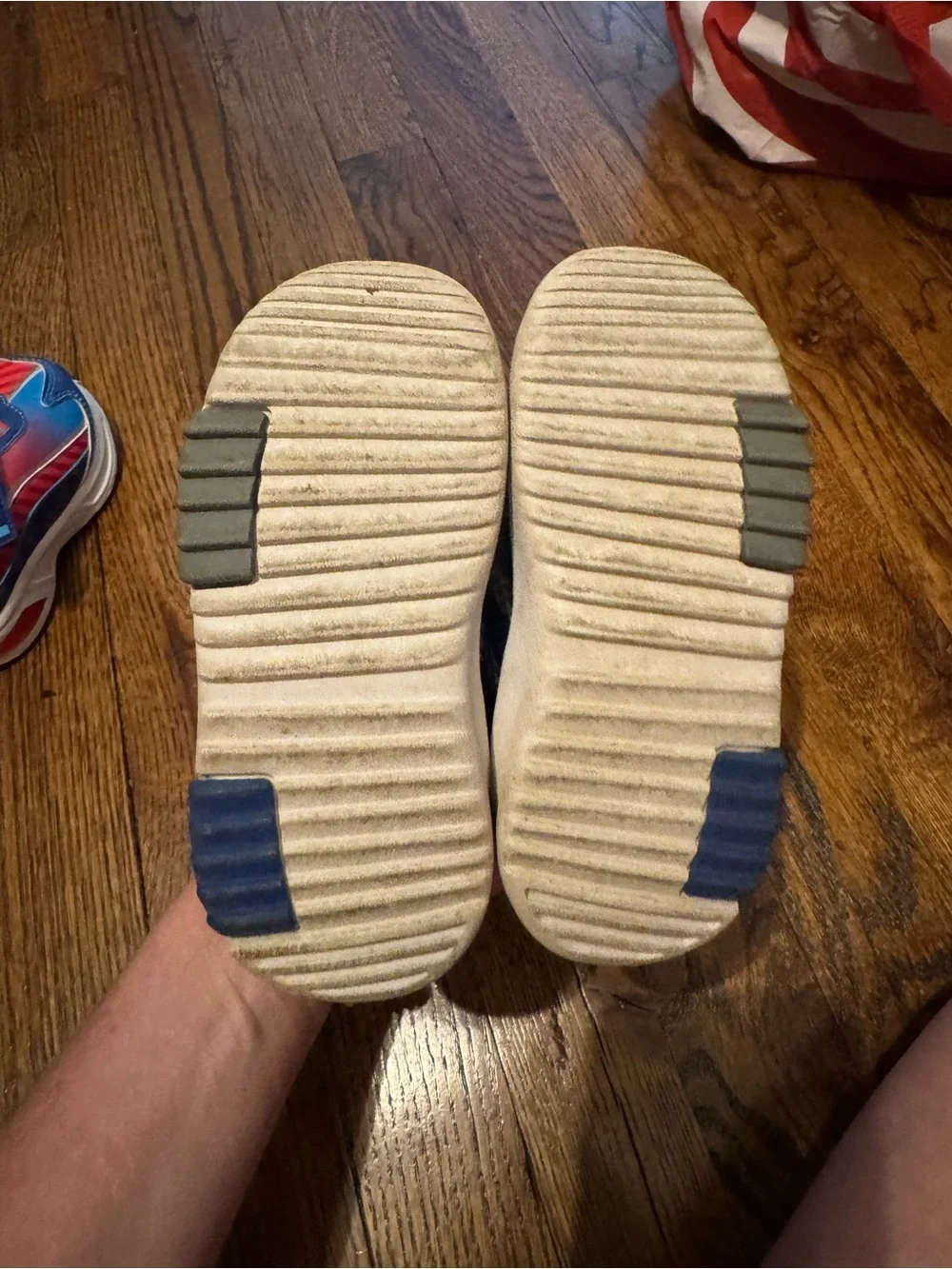 adidas Kids Gray Knit Sneakers with Blue Stripes
